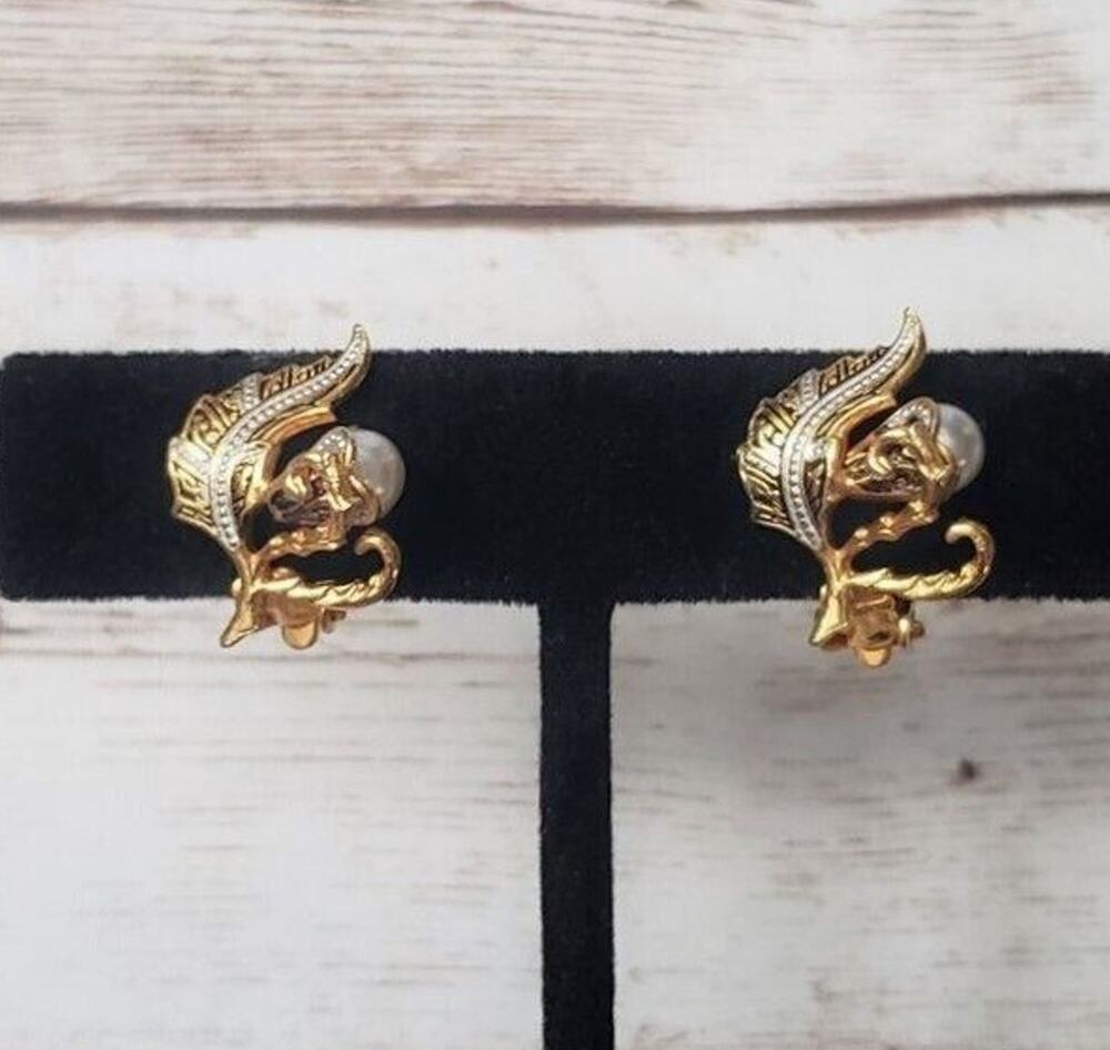 Vintage Clip On Earrings Stunning Ornate Leaf Design with Faux Pearl